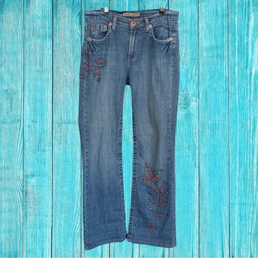 CAVARICCI VINTAGE BLUE DENIM JEANS FLEAR LEG WITH COLORFUL EMBELLISHMENT